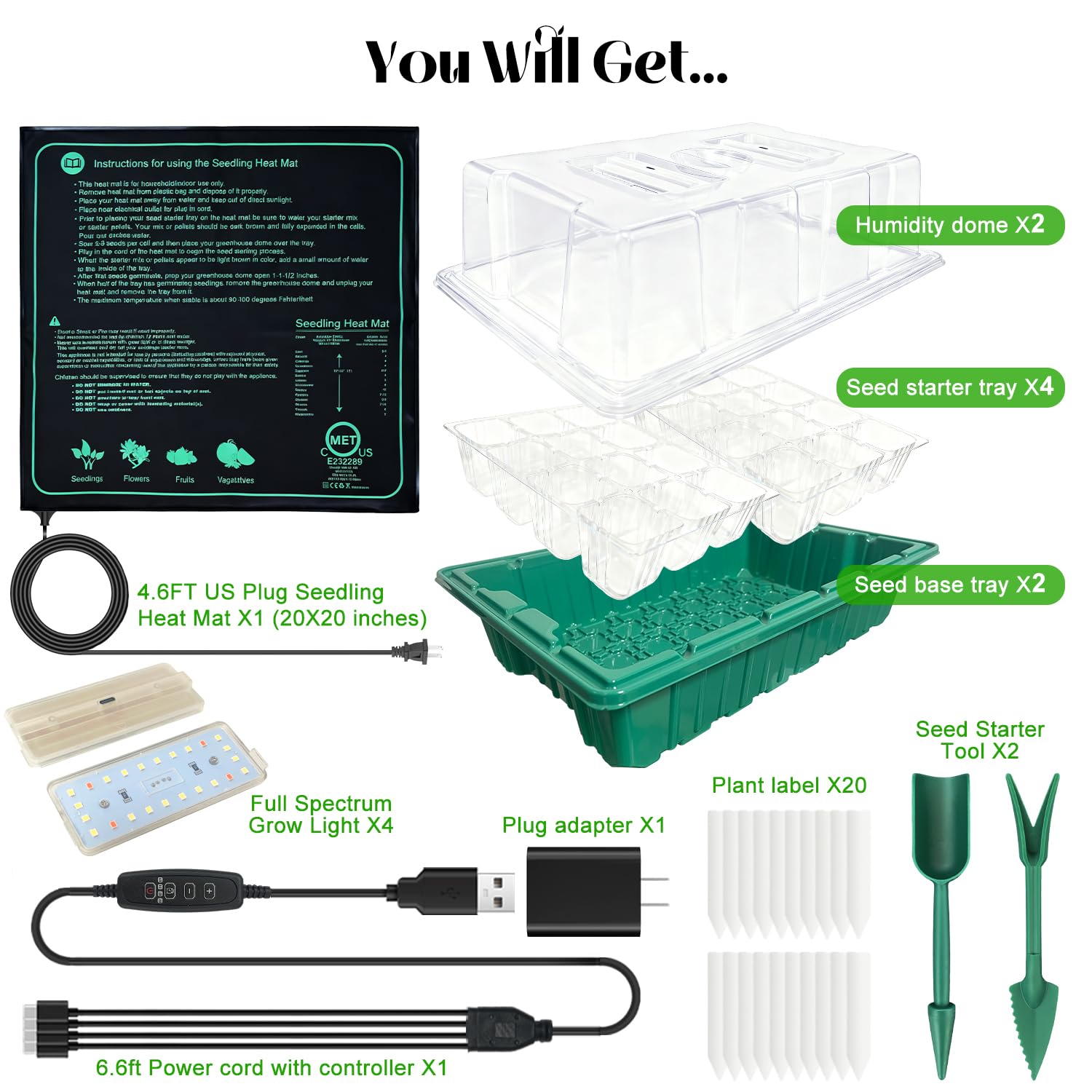 Seed Starter Tray with Grow Light (2x 24-LED), 2 Pack for Seed Starting | Seed Starter Kit with Humidity Domes and Timing Controller, Adjustable Brightness, Reusable Thicken Seedling Starter