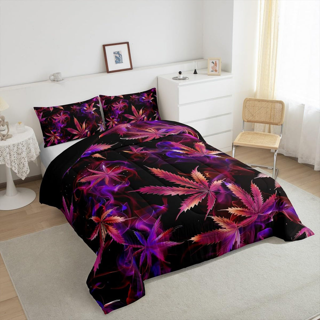 Cannabis Leaf Comforter Set Queen Size 3 Pcs,Marijuana Leaf Weed Psychedelic Bedding Set,Neon Green Leaves Botanical Trippy Quilt Set for Young Adults,2 Pillowcases