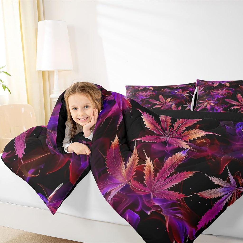 Cannabis Leaf Comforter Set Queen Size 3 Pcs,Marijuana Leaf Weed Psychedelic Bedding Set,Neon Green Leaves Botanical Trippy Quilt Set for Young Adults,2 Pillowcases
