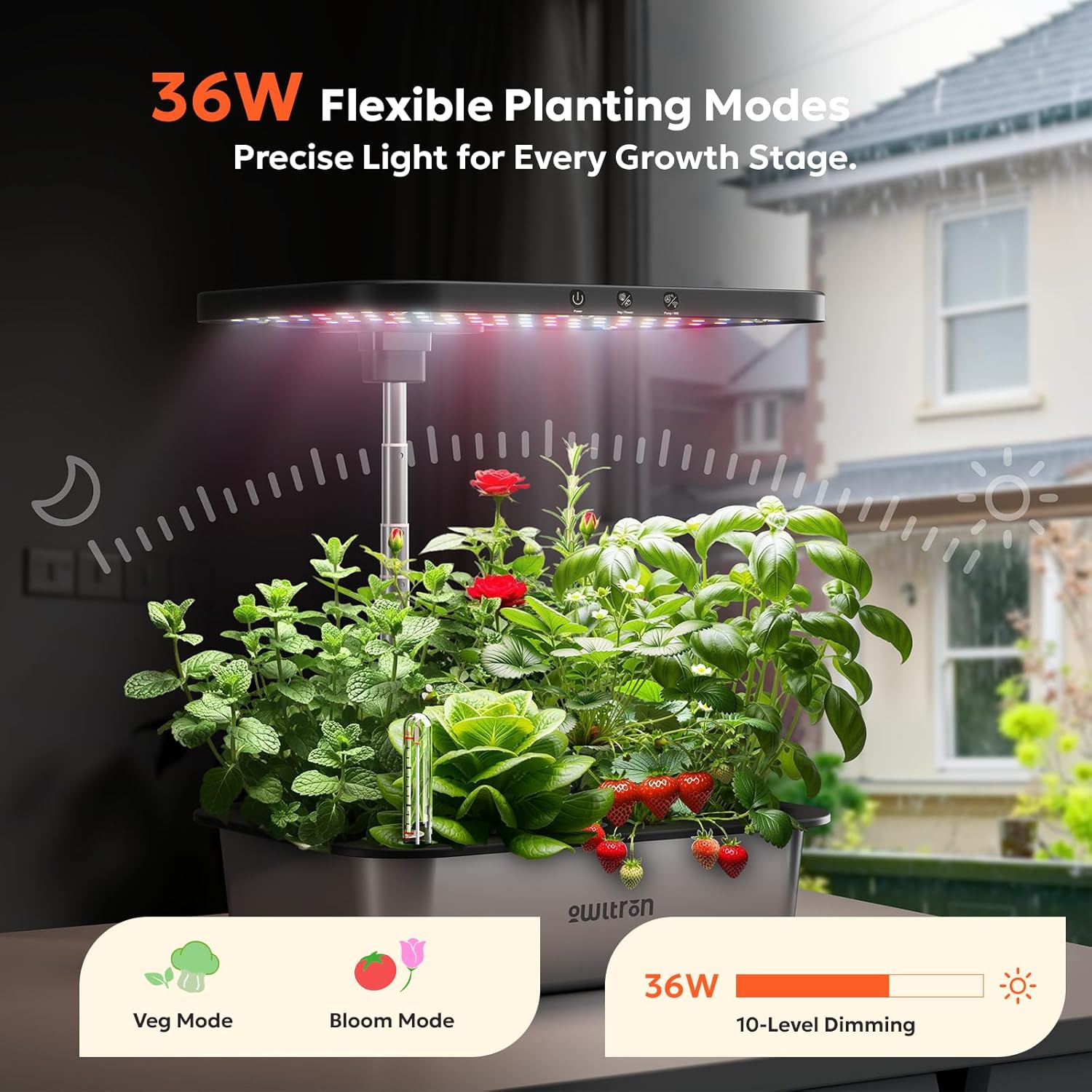owltron Smart Hydroponics Growing System Kit,15 Pods Indoor Herb Garden with 36W LED Grow Light & APP Control, Planting Height Up to 30", Quiet Water Pump, Ideal Gift for All Ages Dark Silver