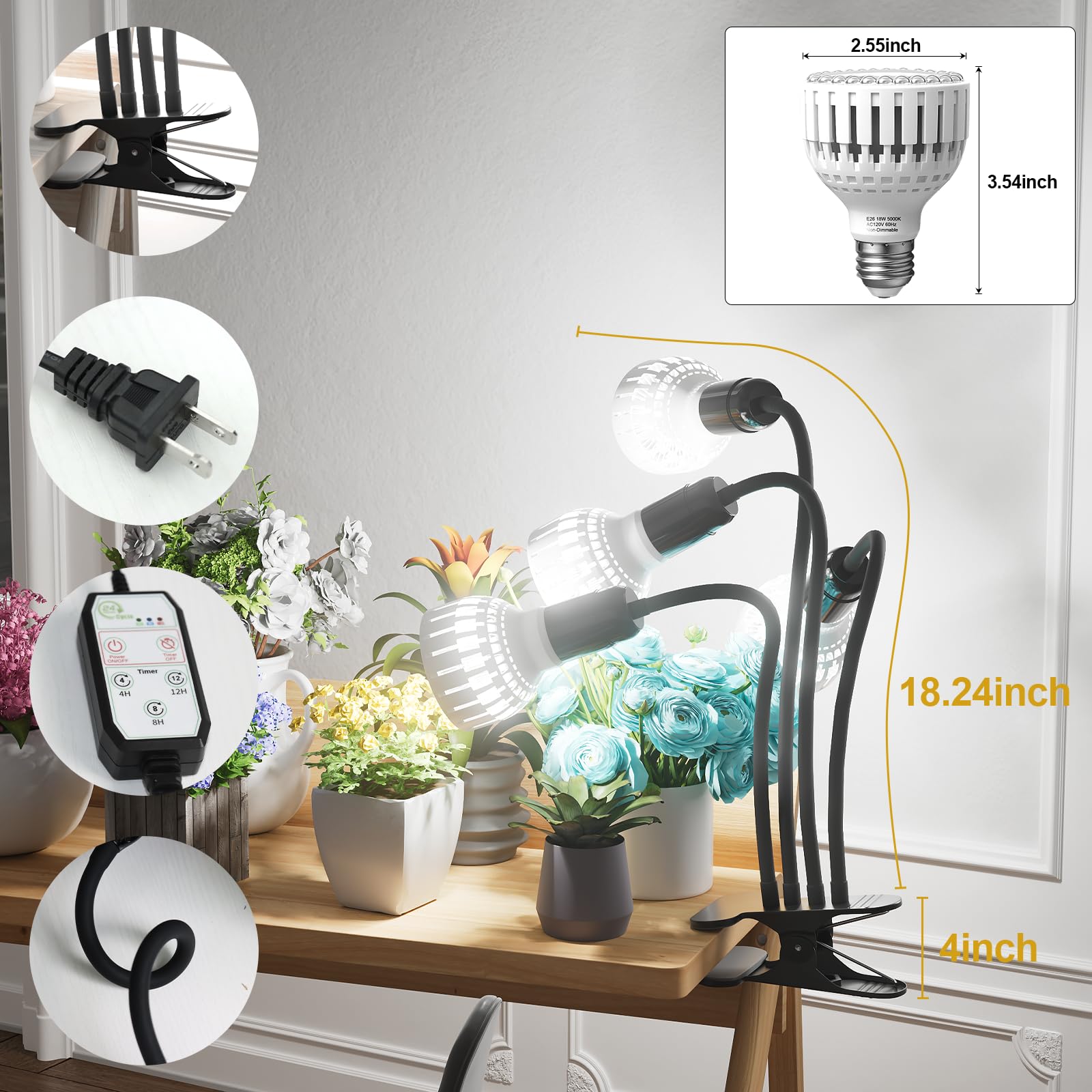 Grow Light,24W (160Watts Equiv) 5000K White Full Spectrum LED Growing Lamp Clip on Desk for Indoor Plants,Bulbs Replaceable & Non-dimmable (Black, 80Watts)