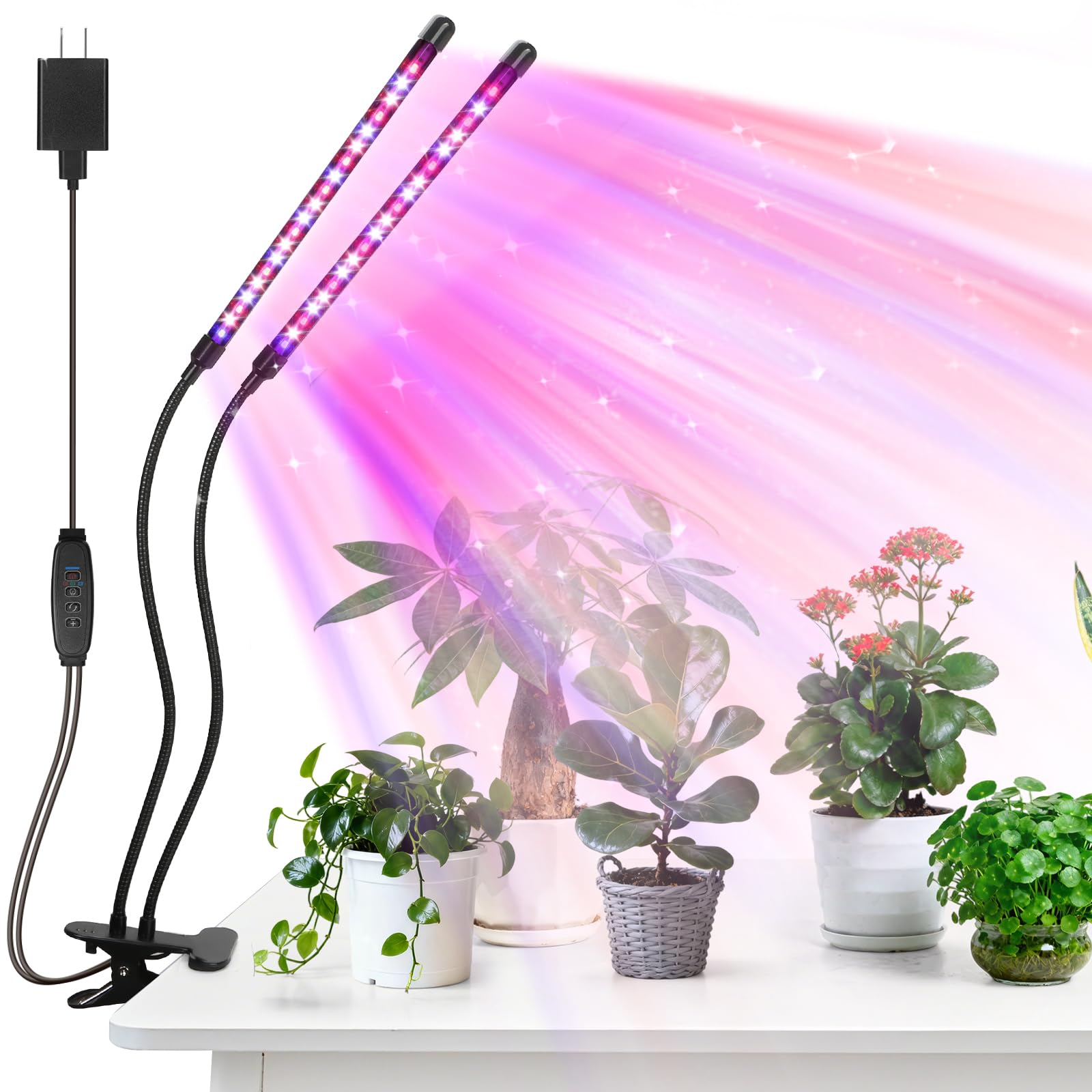Led Grow Lights, 4 Heads Red Blue Plant Light with Clamp for Indoor Plants & Seed Starting, 10-Level Dimmable, Auto On Off, Timing 3 9 12Hrs