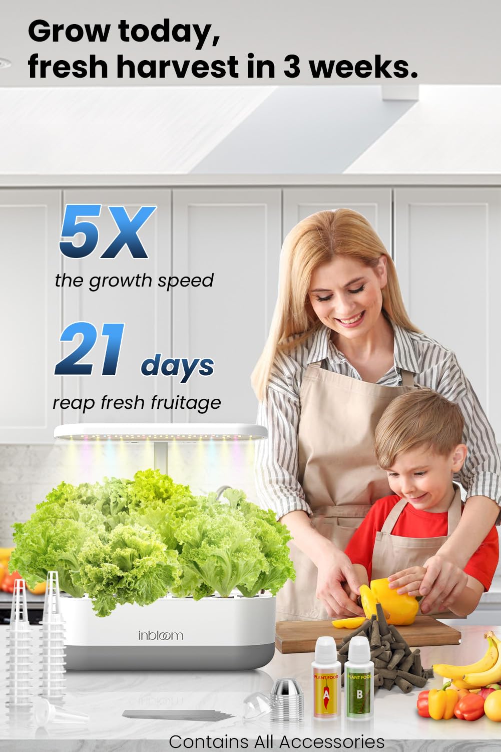 inbloom 12 Pods Hydroponics Growing System Kit, Herb Garden Planter Indoor Kit, Indoor Gardening Hydroponics Growing System with 4.2L Water Pump, Height Adjustable, Gifts for Woman, Transparent Black