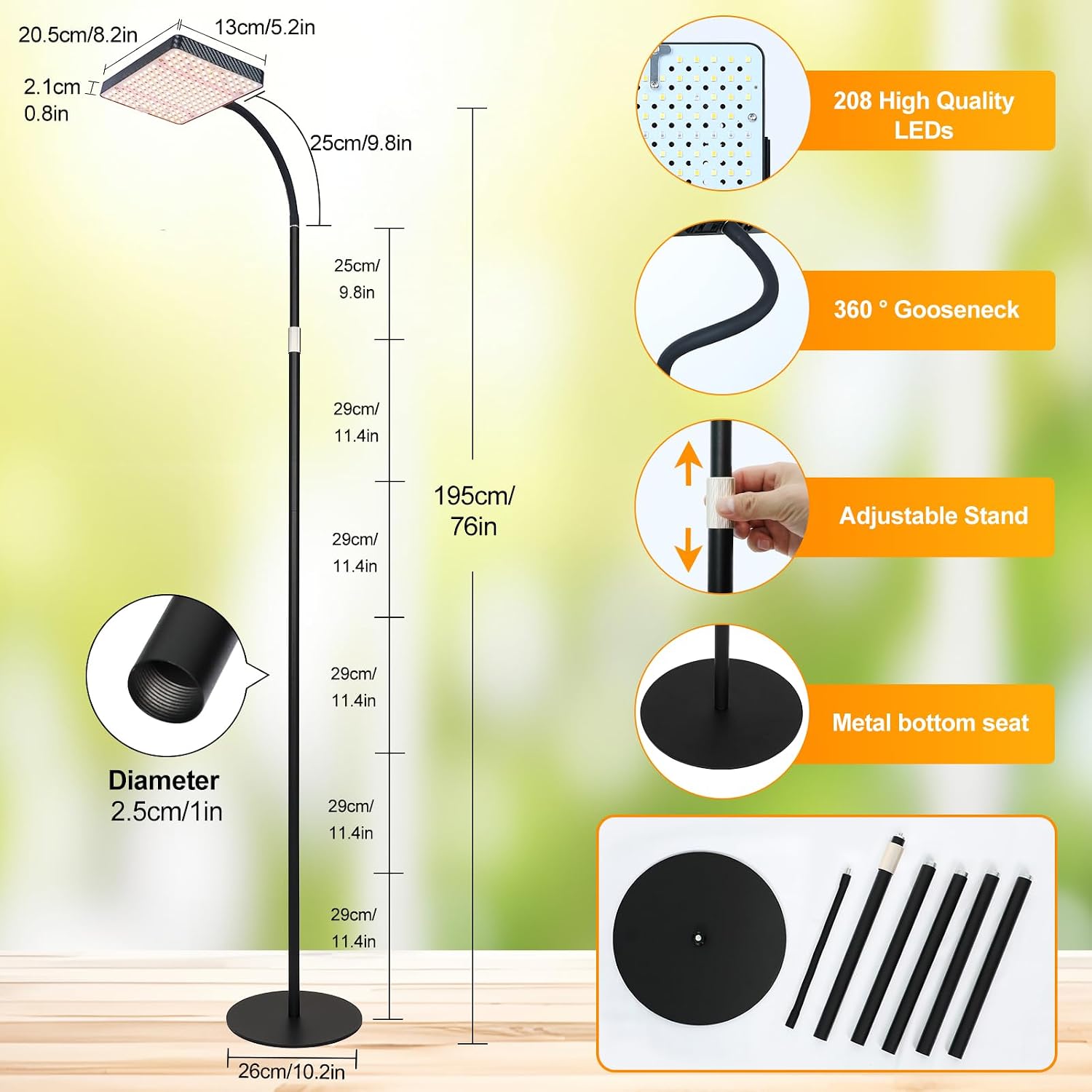 FECiDA 2026 Floor Lamp Grow Light, Standing Grow Lights with Stable Round Base for Tall Indoor Plants, Bonsai Tree, Monstera, 4/8/12/16/20 Hr Timer, 25 Watt Power Draw, 40"-76" Height Adjustable