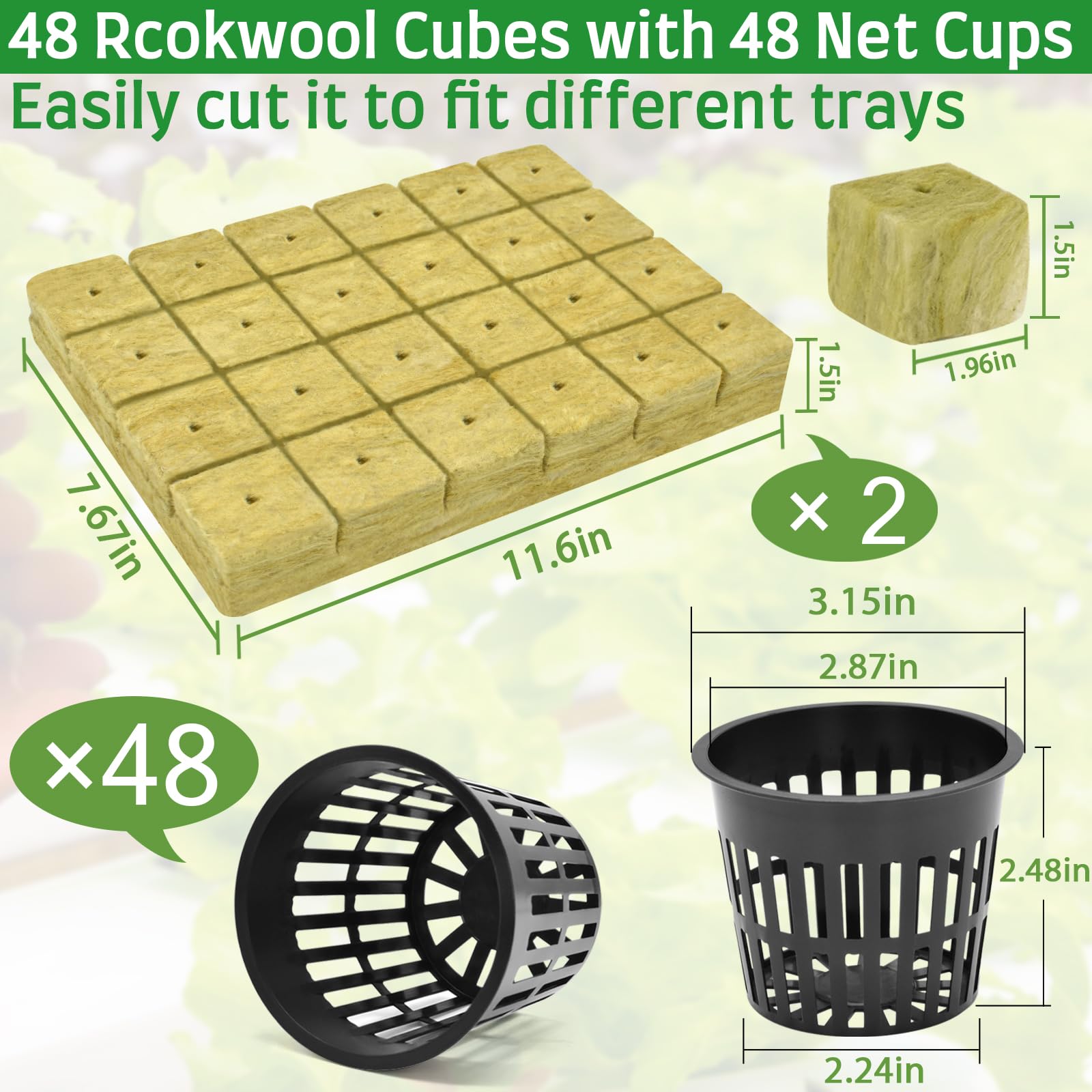 Halatool 144PCS 1.2" Rockwool Cubes & 120PCS 2" Net Cups for Hydroponics | Rockwool Garden Starter Plugs, Hydroponics Kit for Cuttings, Clone Plant, Propagation, Seed Starting & Soilless Cultivation