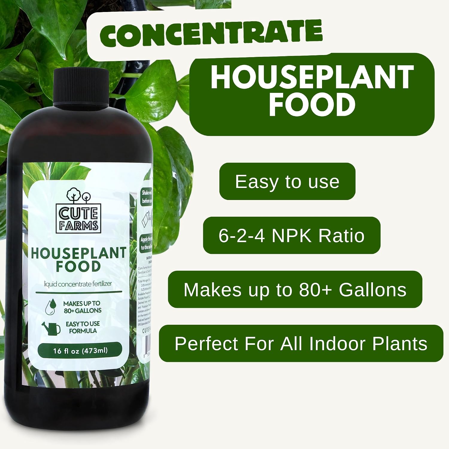 Houseplant Food 16oz Concentrated Fertilizer for Pothos, Monstera and More - All Purpose Indoor Plant Food - Makes up to 80+ Gallons - Cute Farms