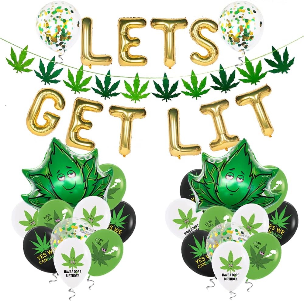 47pcs 'lets get lit' Party decorations for adults, weed set includes Latex Marijuana balloons, weed shape foil balloons and banner, Green Confetti balloons, For cannabis birthday-themed party