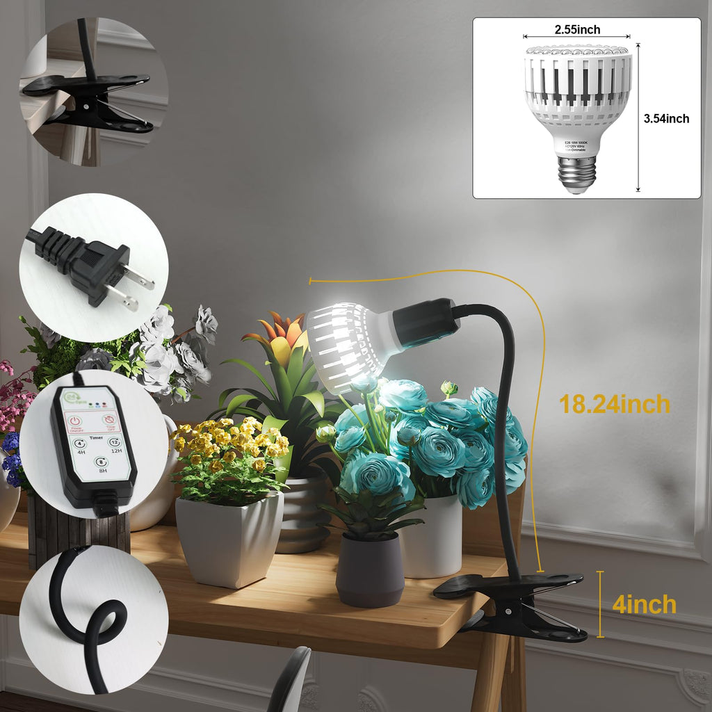 Grow Light,24W (160Watts Equiv) 5000K White Full Spectrum LED Growing Lamp Clip on Desk for Indoor Plants,Bulbs Replaceable & Non-dimmable (Black, 80Watts)