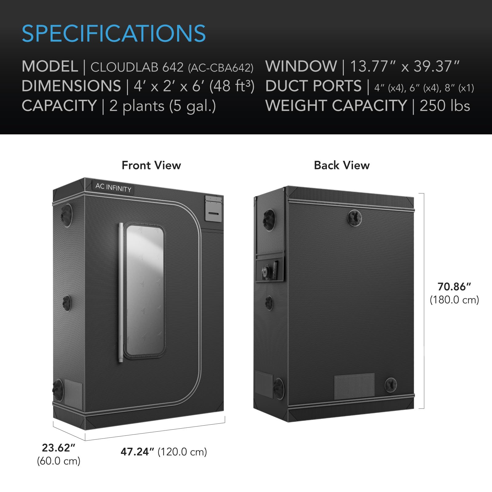 AC Infinity CLOUDLAB 422, Advance Grow Tent 2x2, Thickest 1" Poles | 2000D Mylar Canvas, Lab-Tested Highest Reflectivity, Largest Zipper Window, Controller Mount Plate, 24" × 24" × 48" Grow Tent