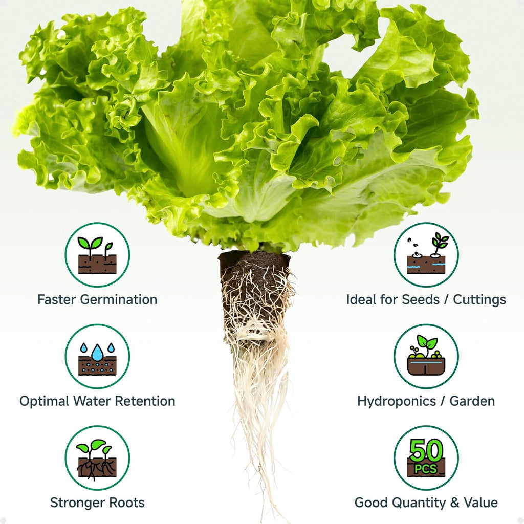Hydroponic Growing Sponges 50 Pack, Universal Fit Sponges & Seed Pods for Starting Seeds, Indoor Outdoor Garden for Seed Germination & Plant Cloning, Stronger Roots