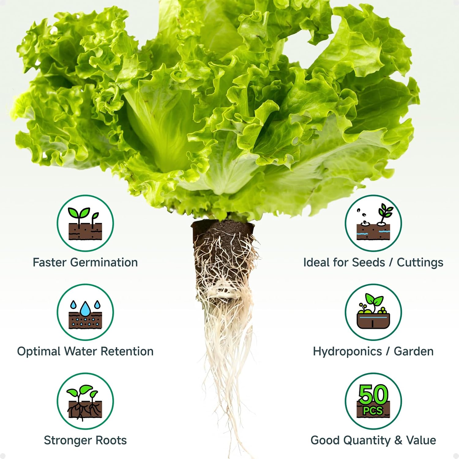 Hydroponic Growing Sponges 50 Pack, Universal Fit Sponges & Seed Pods for Starting Seeds, Indoor Outdoor Garden for Seed Germination & Plant Cloning, Stronger Roots