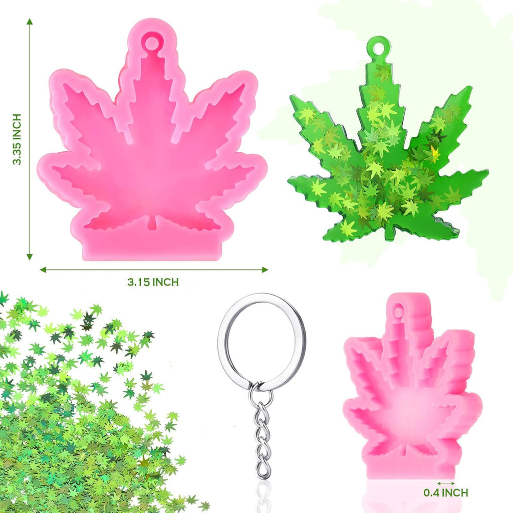 2 Pieces Silicone Maple Leaf Molds with 12 Pieces Keyring Chain with 20g Green Maple Leaf Glitter, Leaves Shaped Keychain Molds for DIY Decoration, Pink