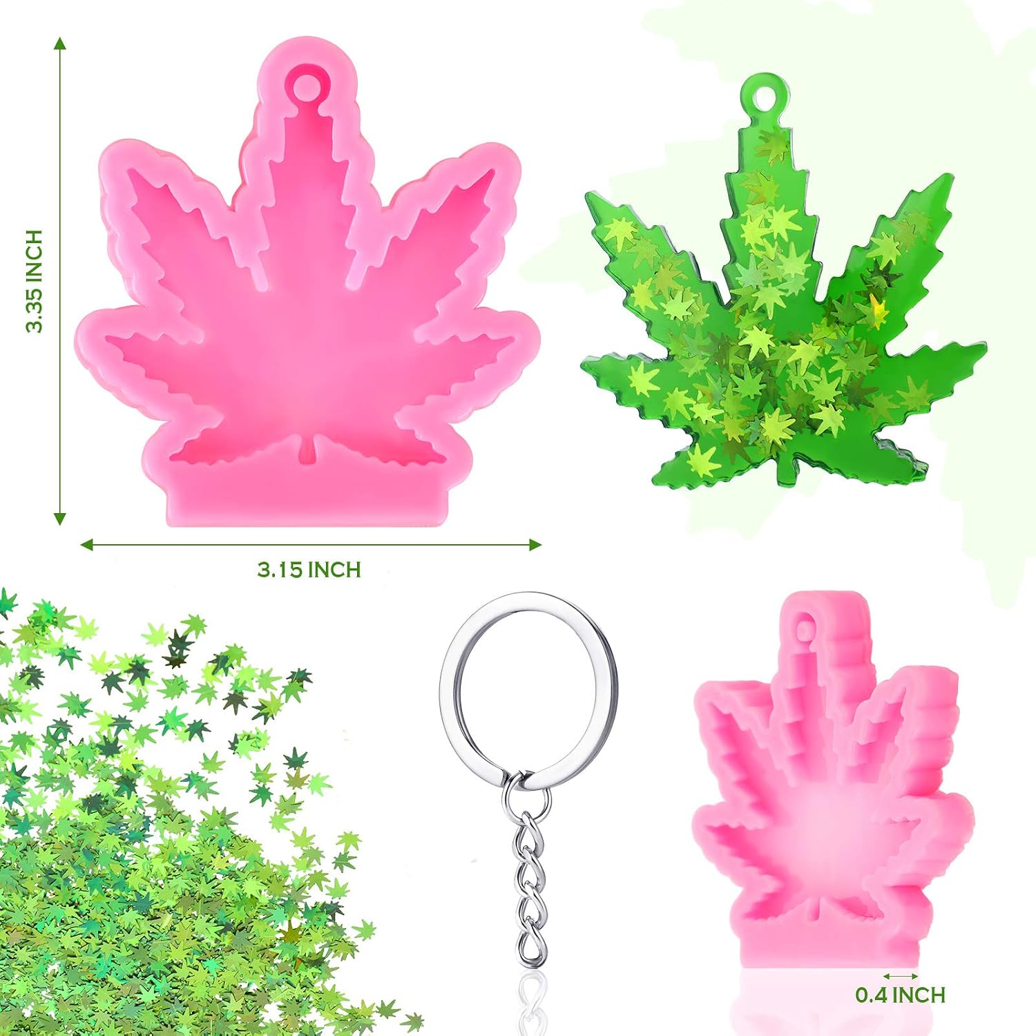 2 Pieces Silicone Maple Leaf Molds with 12 Pieces Keyring Chain with 20g Green Maple Leaf Glitter, Leaves Shaped Keychain Molds for DIY Decoration, Pink