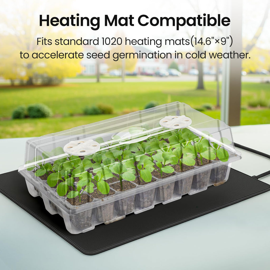 Seed Starter Trays with 12-LED Grow Lights, Clear, 5 Pack | 5 clear-base seedling kits, 60 cells, 12-LED grow light per tray, vented humidity domes, drainage holes, 1-to-5 USB cable