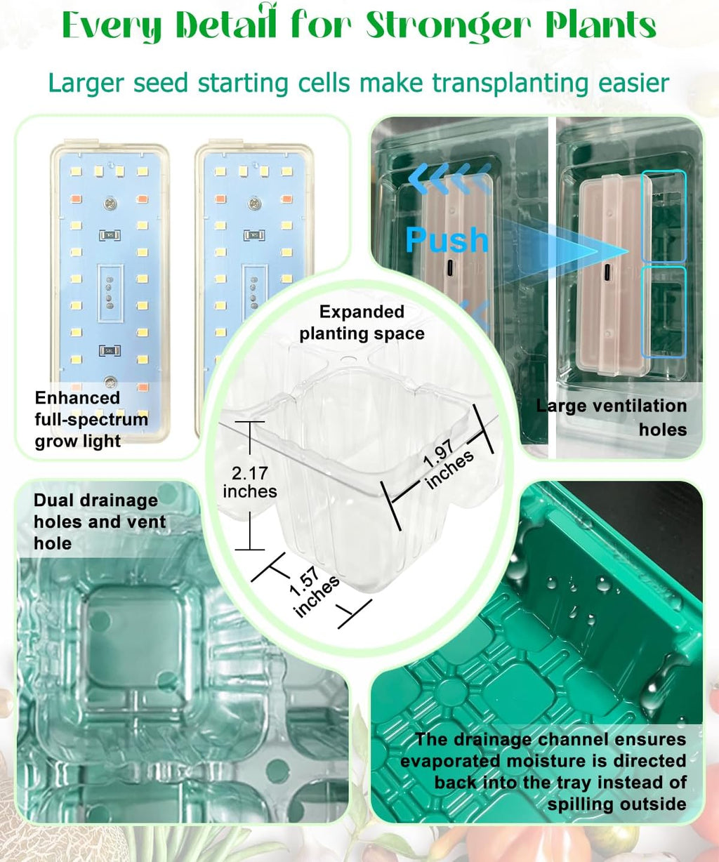 Seed Starter Tray with Grow Light (2x 24-LED), 2 Pack for Seed Starting | Seed Starter Kit with Humidity Domes and Timing Controller, Adjustable Brightness, Reusable Thicken Seedling Starter