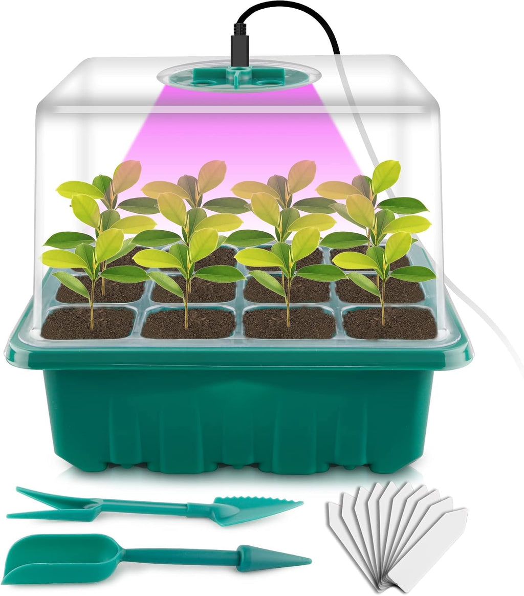 Seed Starter Tray with Grow Light, Seed Starter Kit, Plant Germination Starting Trays with Humidity Dome and Base for Greenhouse Grow Wheatgrass Hydroponic(12 Cells per Tray)