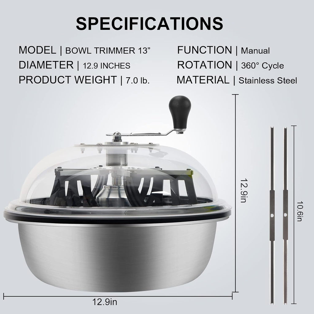 13 inch Leaf Bowl Trimmer, Bowl Trimmer with Switchable Stainless Steel Blades & Clear Visibility Dome, Hand Twist Spin Cutting Bud Trimmer for Buds, Flowers, Hydroponics Plants