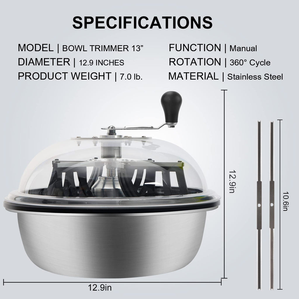 13 inch Leaf Bowl Trimmer, Bowl Trimmer with Switchable Stainless Steel Blades & Clear Visibility Dome, Hand Twist Spin Cutting Bud Trimmer for Buds, Flowers, Hydroponics Plants