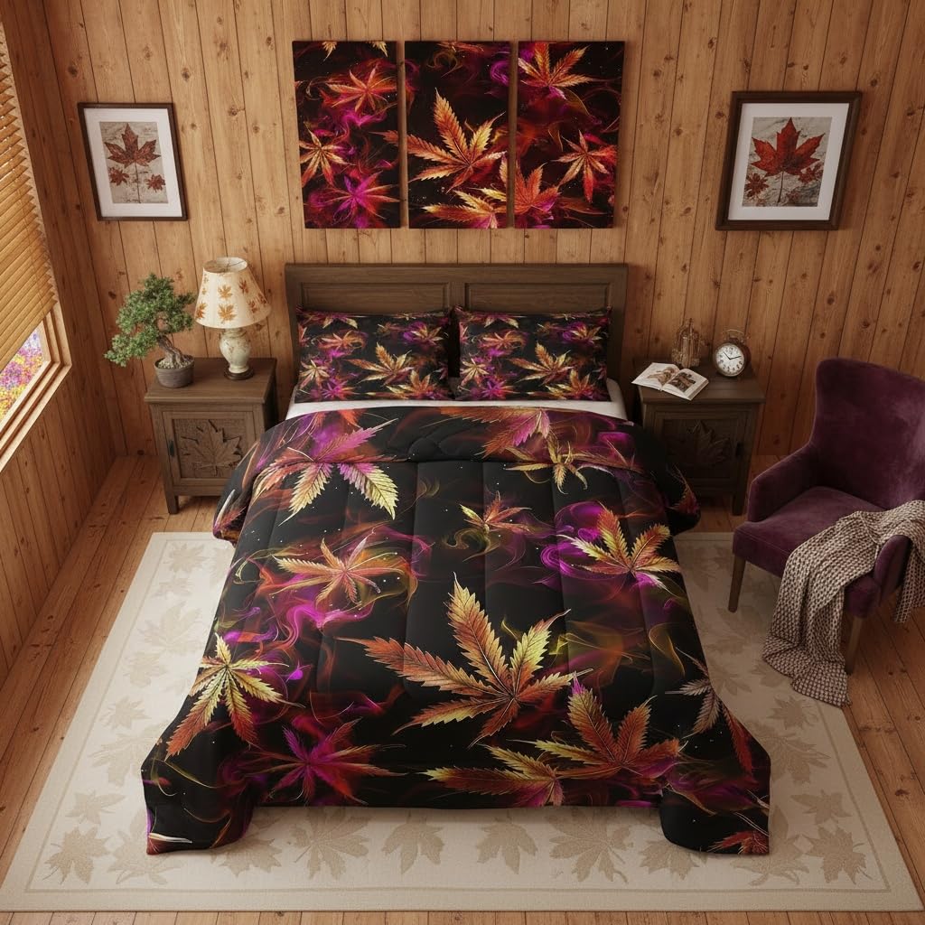 Cannabis Leaf Comforter Set Queen Size 3 Pcs,Marijuana Leaf Weed Psychedelic Bedding Set,Neon Green Leaves Botanical Trippy Quilt Set for Young Adults,2 Pillowcases