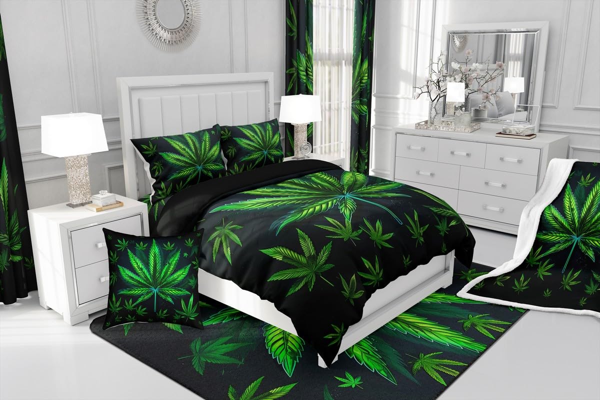 Cannabis Leaf Comforter Set Queen Size 3 Pcs,Marijuana Leaf Weed Psychedelic Bedding Set,Neon Green Leaves Botanical Trippy Quilt Set for Young Adults,2 Pillowcases