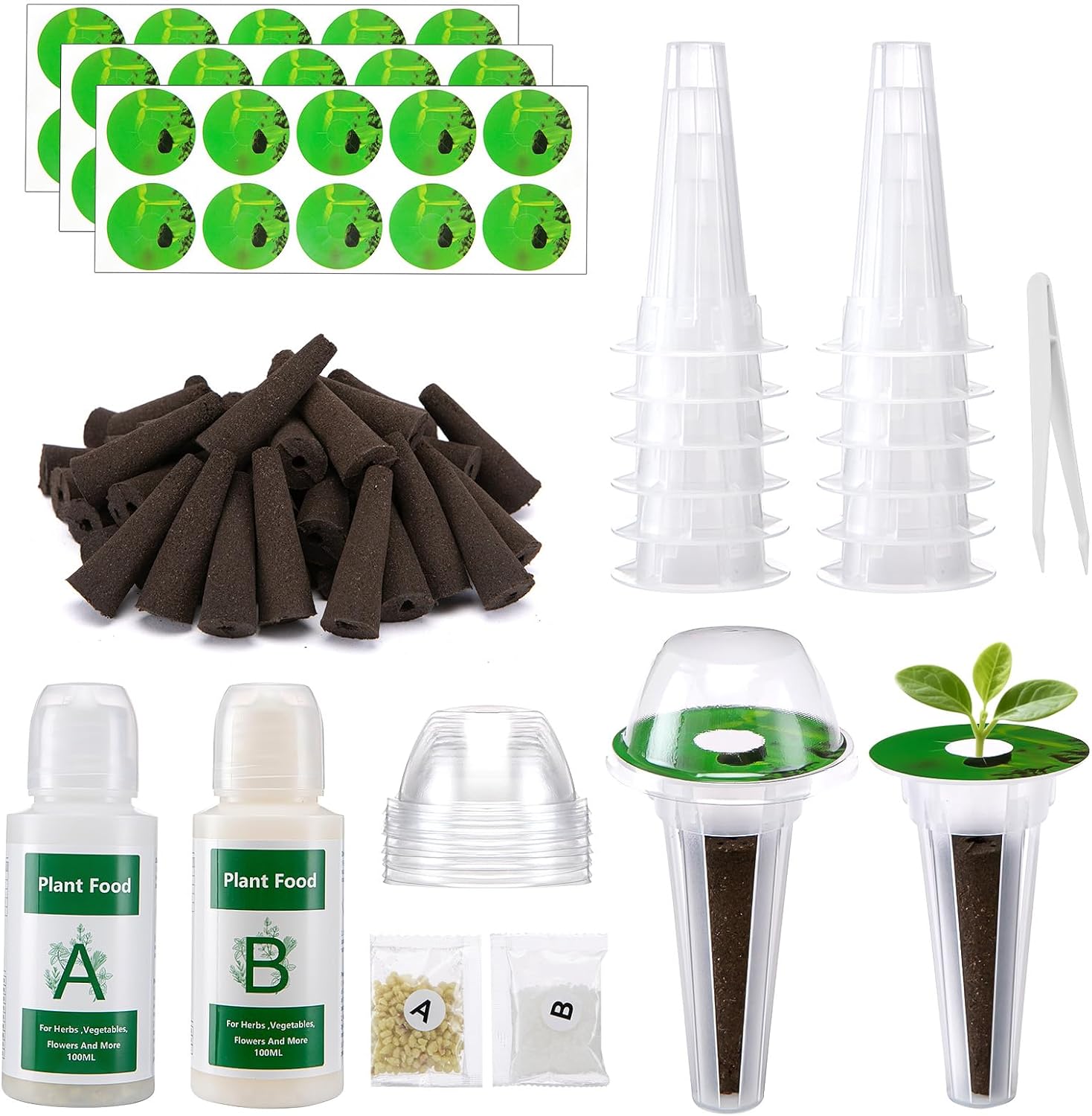 129 Pcs Hydroponic Pods Kit with A&B Plant Food, 50 Grow Sponges, 50 Plant Labels, 12 Grow Baskets, 12 Grow Domes and 1 Tweezers - Indoor Hydroponics Supplies