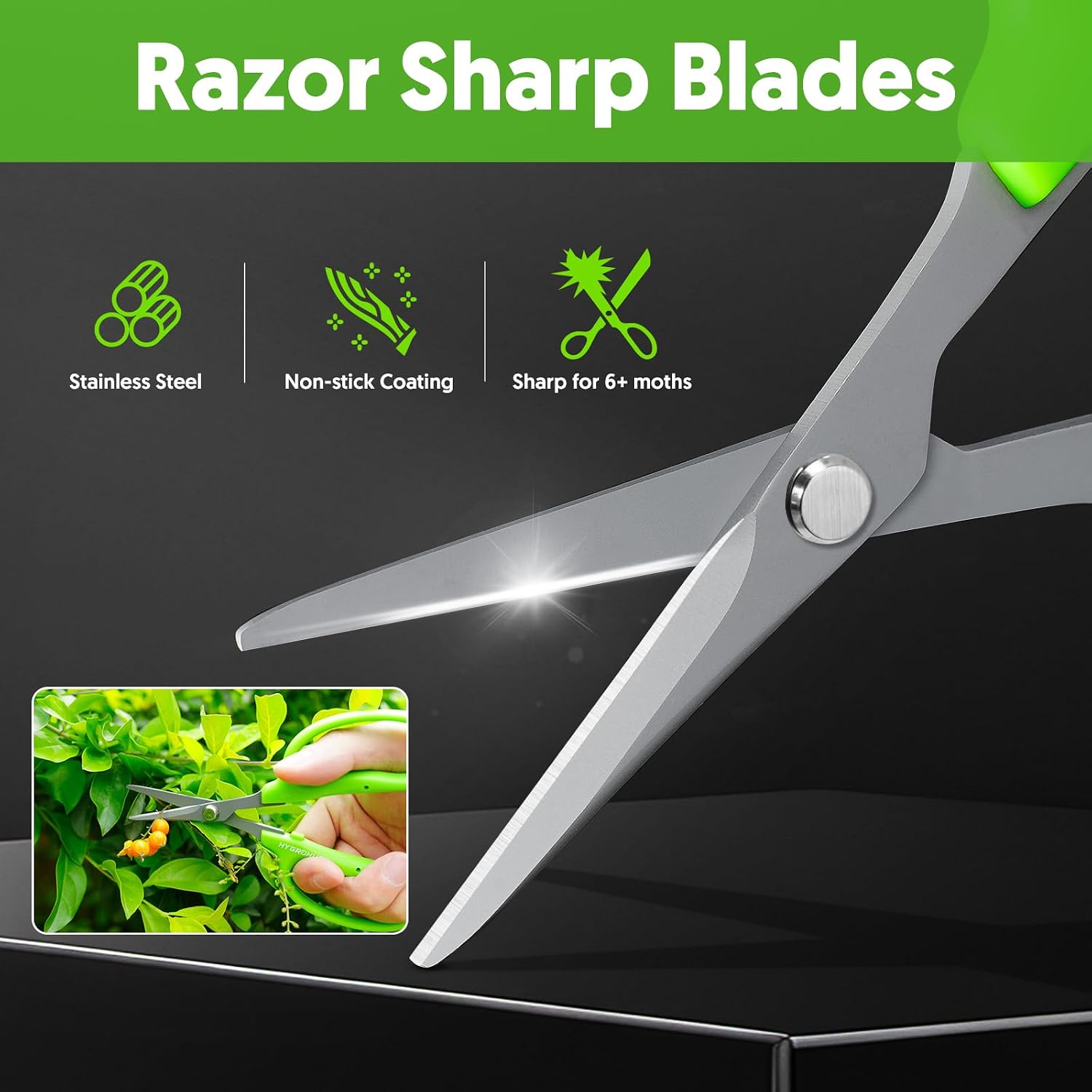 Garden Scissors, 6-in Curved Blade Pruning Shears, Non-Stick Coated Steel | Sharp Small Gardening Snips for Plants, Herbs, Flowers in Grow Tent and Hydroponics, Garden Trimming Tools, Easy to Clean