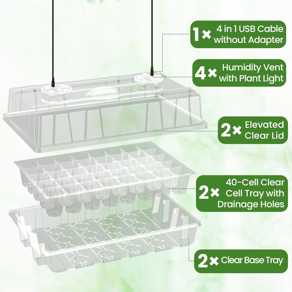 Seed Starter Trays with 12-LED Grow Lights, Clear, 5 Pack | 5 clear-base seedling kits, 60 cells, 12-LED grow light per tray, vented humidity domes, drainage holes, 1-to-5 USB cable