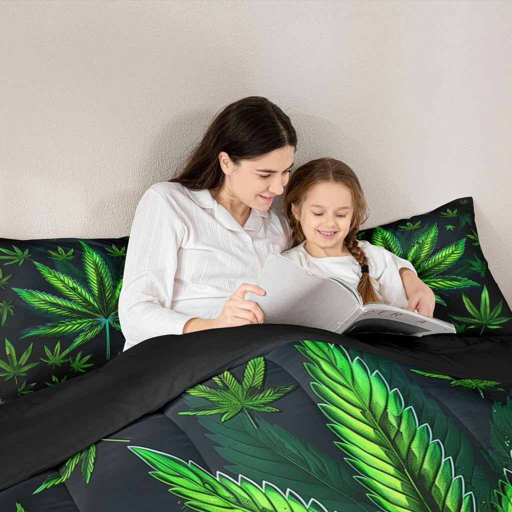 Cannabis Leaf Comforter Set Queen Size 3 Pcs,Marijuana Leaf Weed Psychedelic Bedding Set,Neon Green Leaves Botanical Trippy Quilt Set for Young Adults,2 Pillowcases