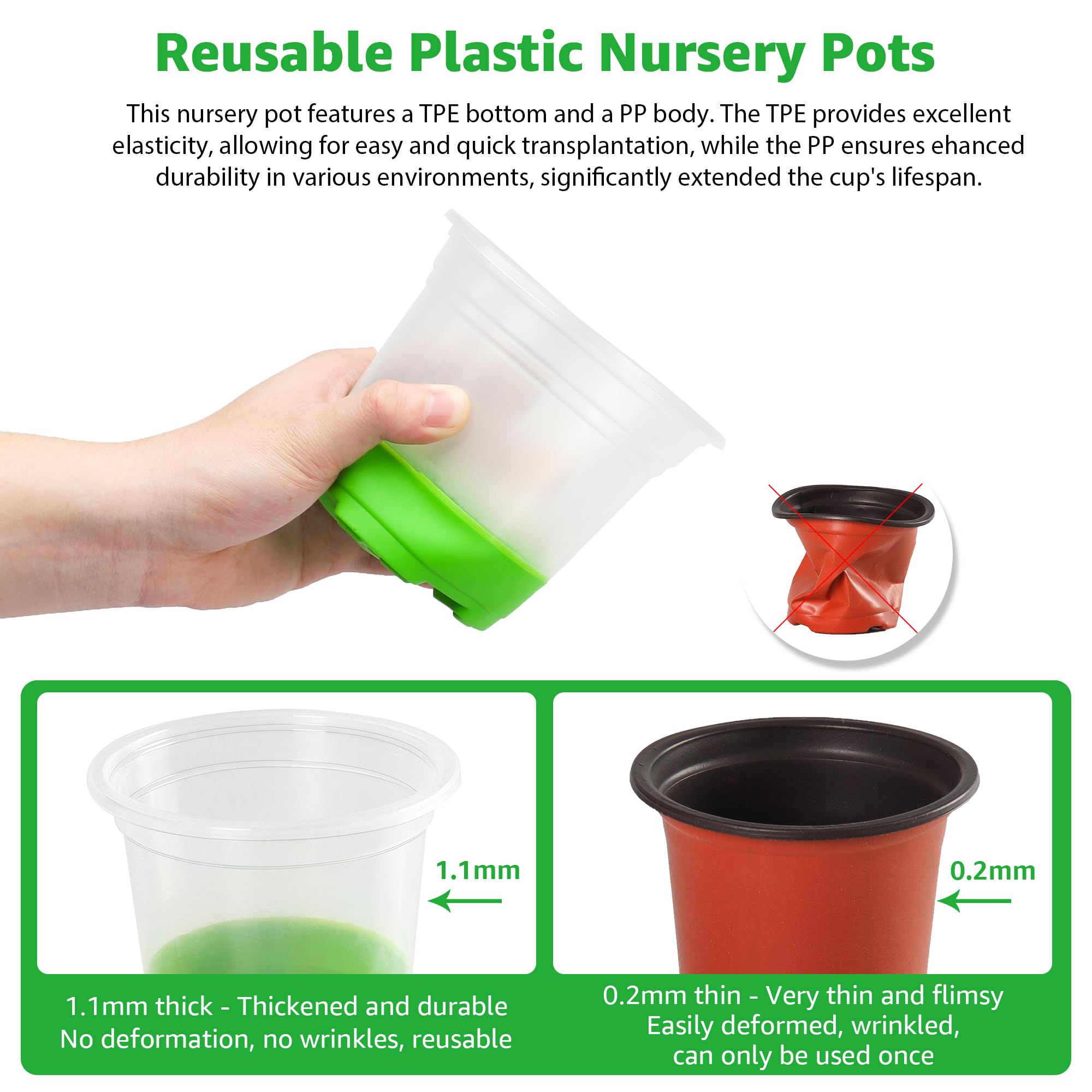 MIXC Clear Nursery Pots with Silicone Base, 4-Inch, 30-Pack | Sturdy Construction, Flexible Base, Drainage Holes, Root and Soil Visibility, Reusable, Seed Starting, Propagation, Green