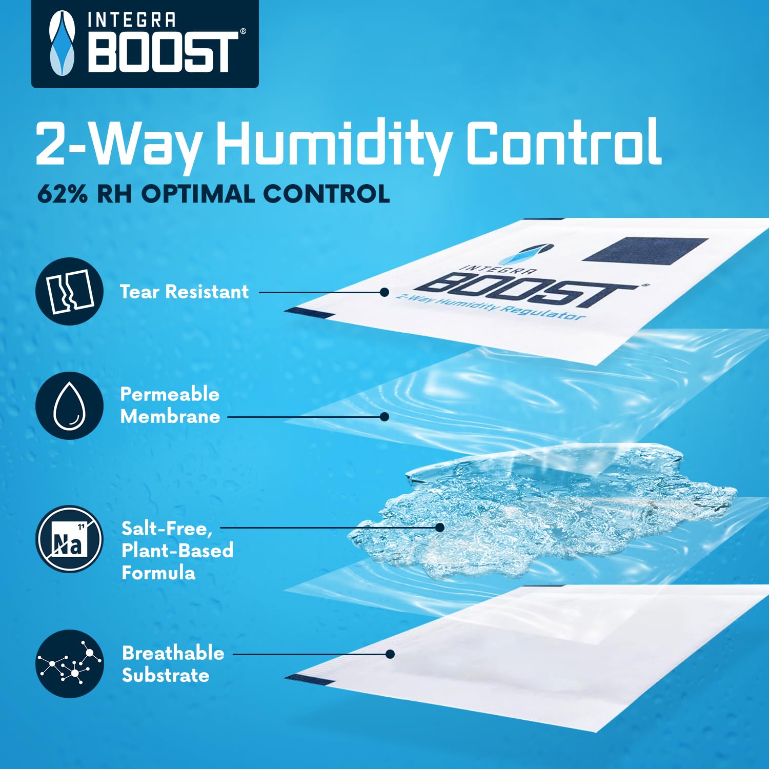 Integra Boost 62% RH 2-Way Humidity Control Pack, 2g, Pack of 6 | Two way Moisture Absorber for Herbs, Spices & Food Storage, Preserves Flavor, Includes Humidity Indicator Cards