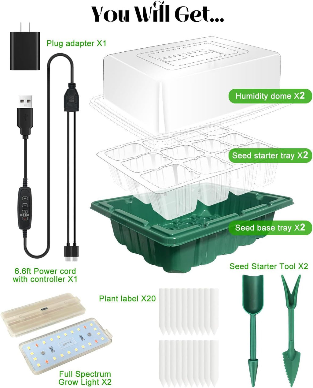 Seed Starter Tray with Grow Light (2x 24-LED), 2 Pack for Seed Starting | Seed Starter Kit with Humidity Domes and Timing Controller, Adjustable Brightness, Reusable Thicken Seedling Starter