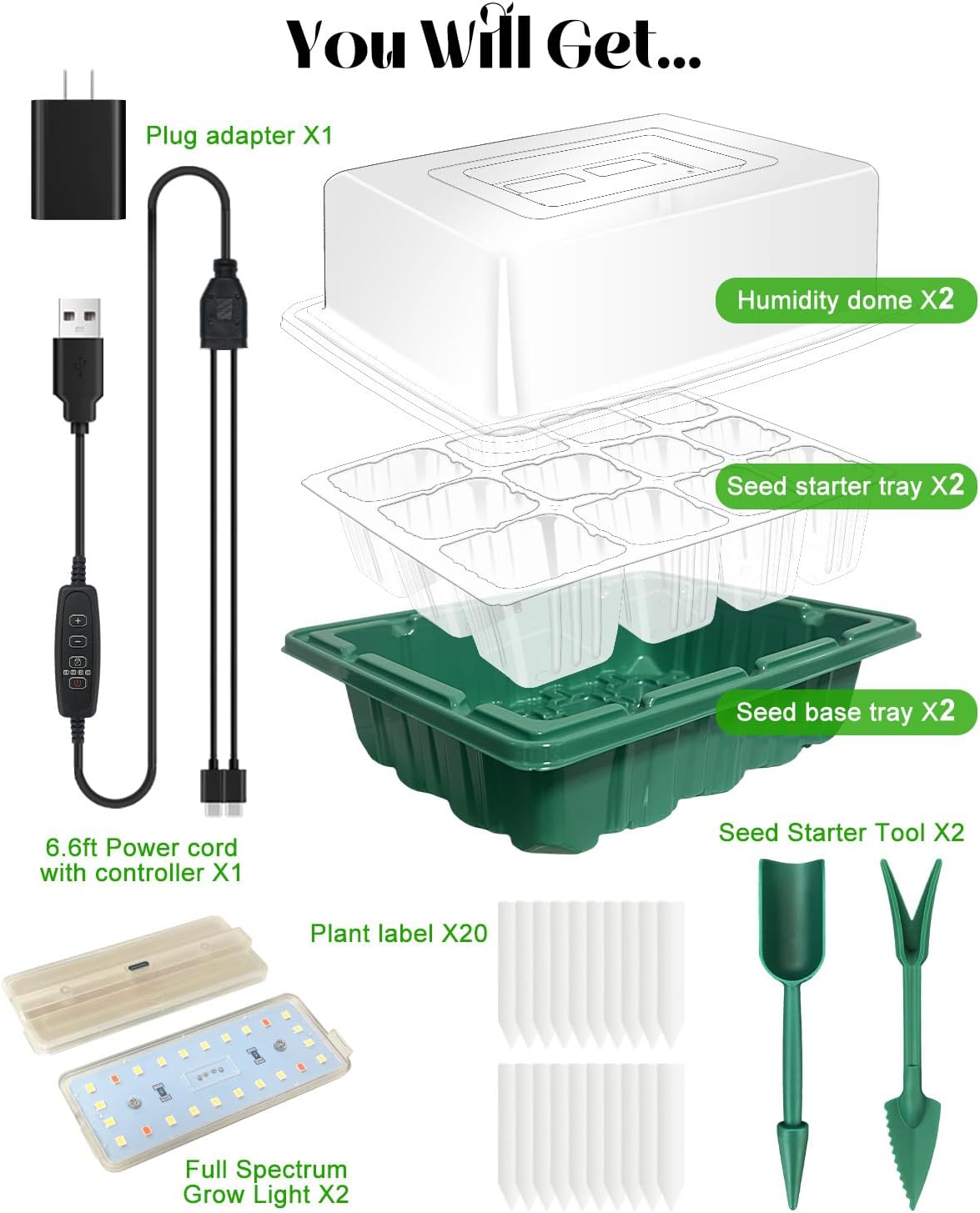 Seed Starter Tray with Grow Light (2x 24-LED), 2 Pack for Seed Starting | Seed Starter Kit with Humidity Domes and Timing Controller, Adjustable Brightness, Reusable Thicken Seedling Starter