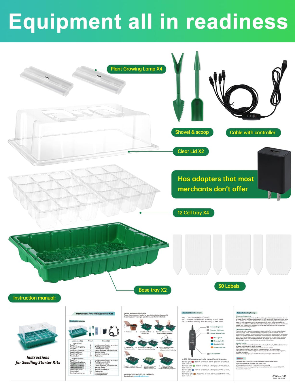 Seed Starter Tray Medium Size 4 Packs, Seed Starter Kit with Upgraded 24 Full Spectrum LEDs, Adjustable Brightness and Timer, with Drainage Holes, Tools and Labels for Indoor Plant Growing