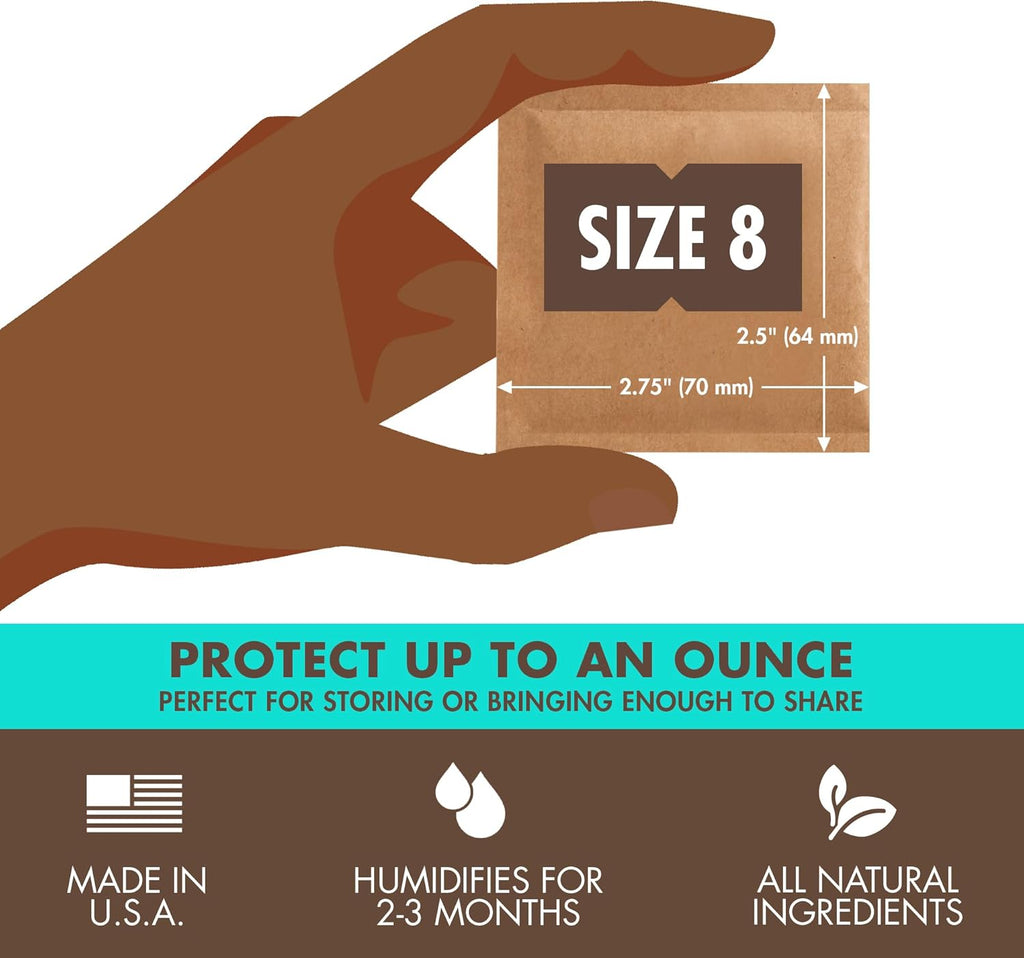 Boveda 62% RH Size 8-10 Pack Two-Way Humidity Control Packs - for Storing 1 oz - Moisture Absorber for Small Storage Containers - Humidifier Packs - Hydration Packets w/Resealable Bag
