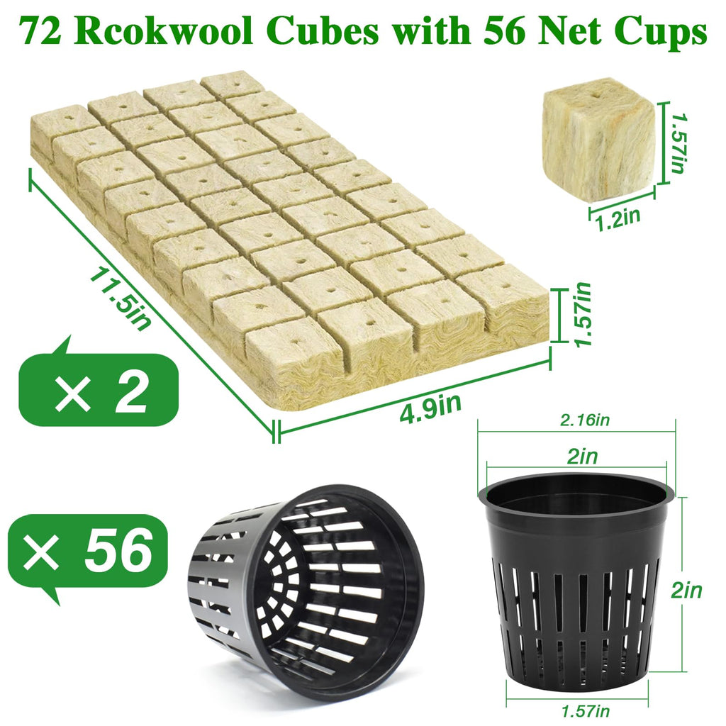 Halatool 144PCS 1.2" Rockwool Cubes & 120PCS 2" Net Cups for Hydroponics | Rockwool Garden Starter Plugs, Hydroponics Kit for Cuttings, Clone Plant, Propagation, Seed Starting & Soilless Cultivation