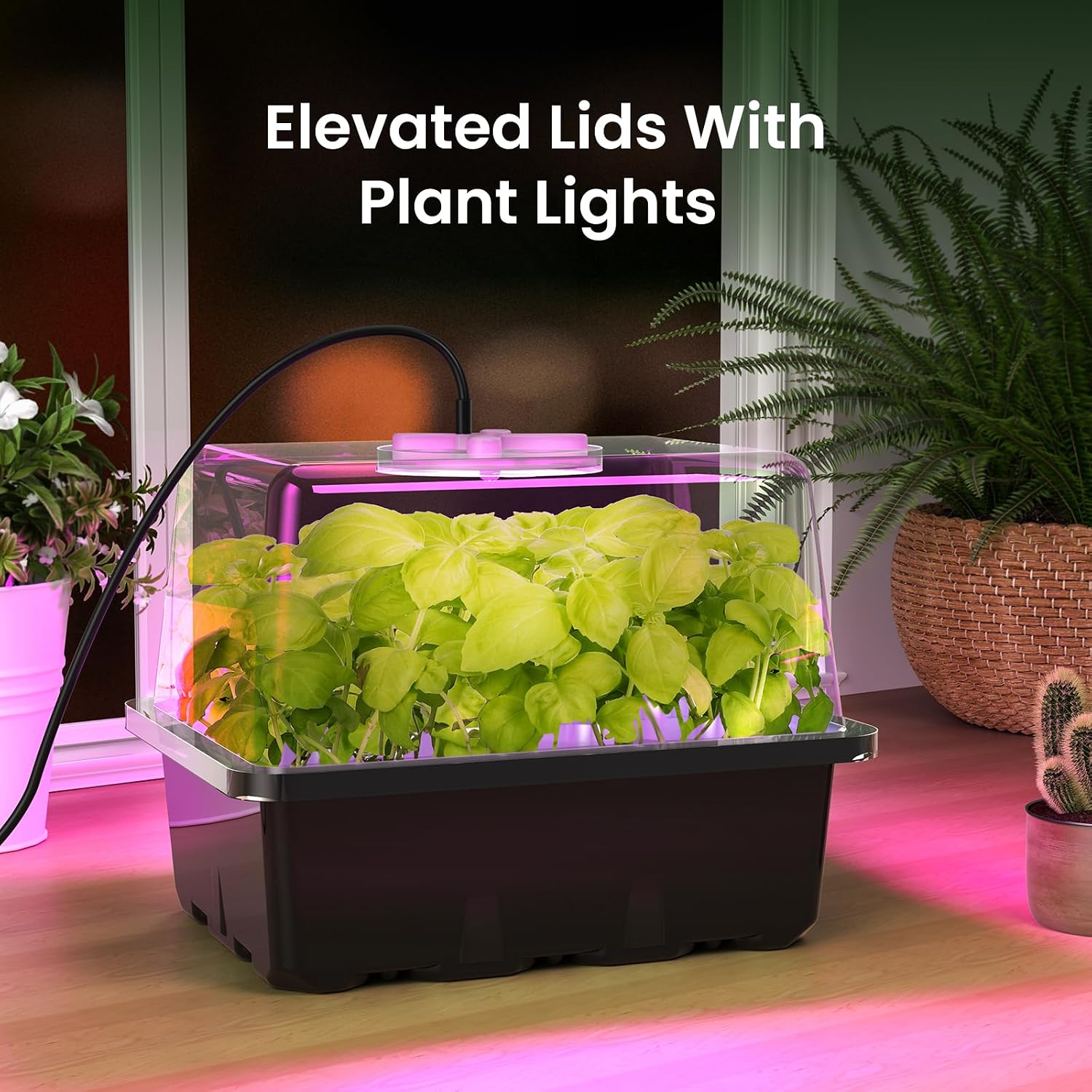 Kit de inicio de semillas MIXC con luz de crecimiento, kit de bandeja para plántulas elevadas con cúpula de humedad ajustable y bandeja de celdas transparentes, 12 perlas LED de espectro completo para