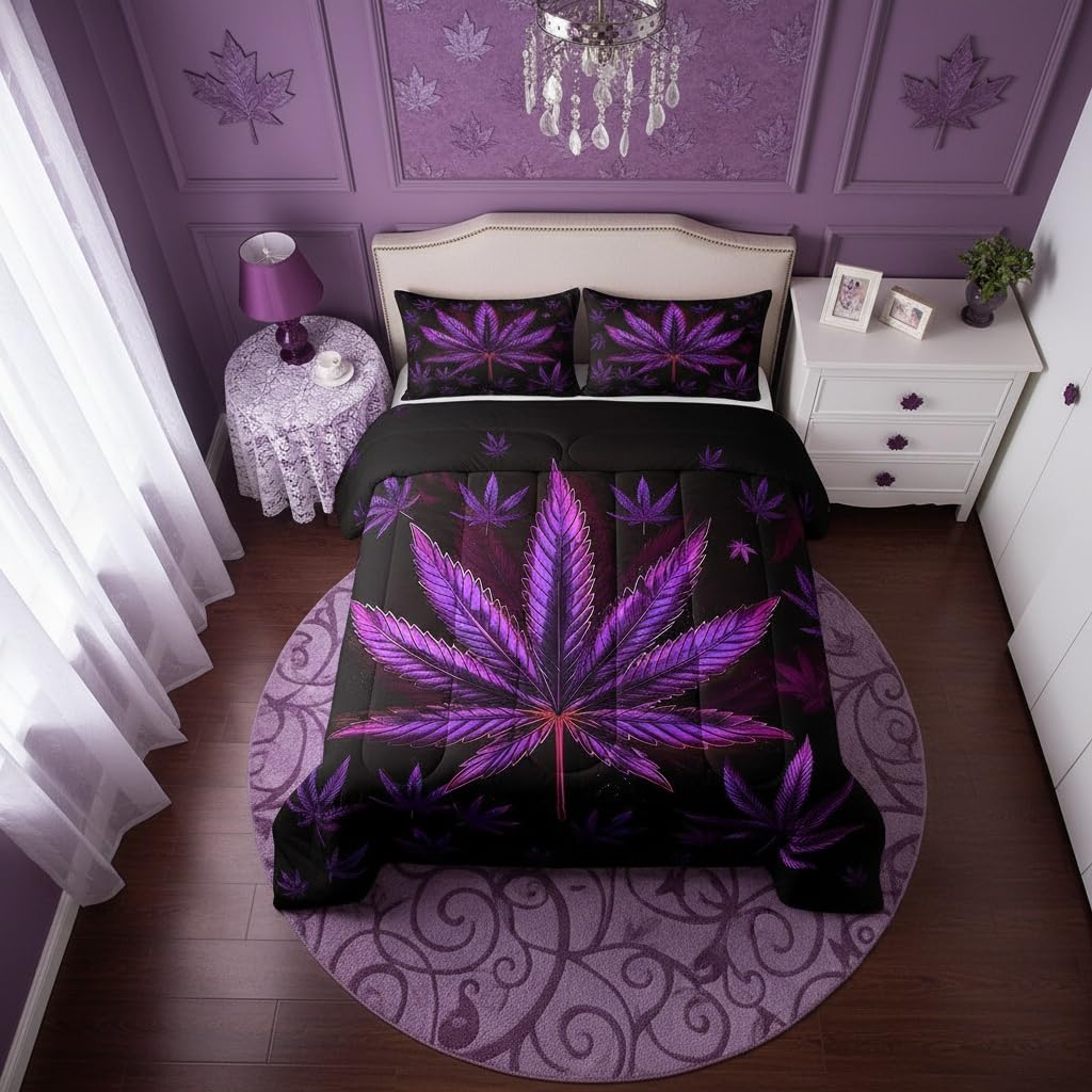 Cannabis Leaf Comforter Set Queen Size 3 Pcs,Marijuana Leaf Weed Psychedelic Bedding Set,Neon Green Leaves Botanical Trippy Quilt Set for Young Adults,2 Pillowcases
