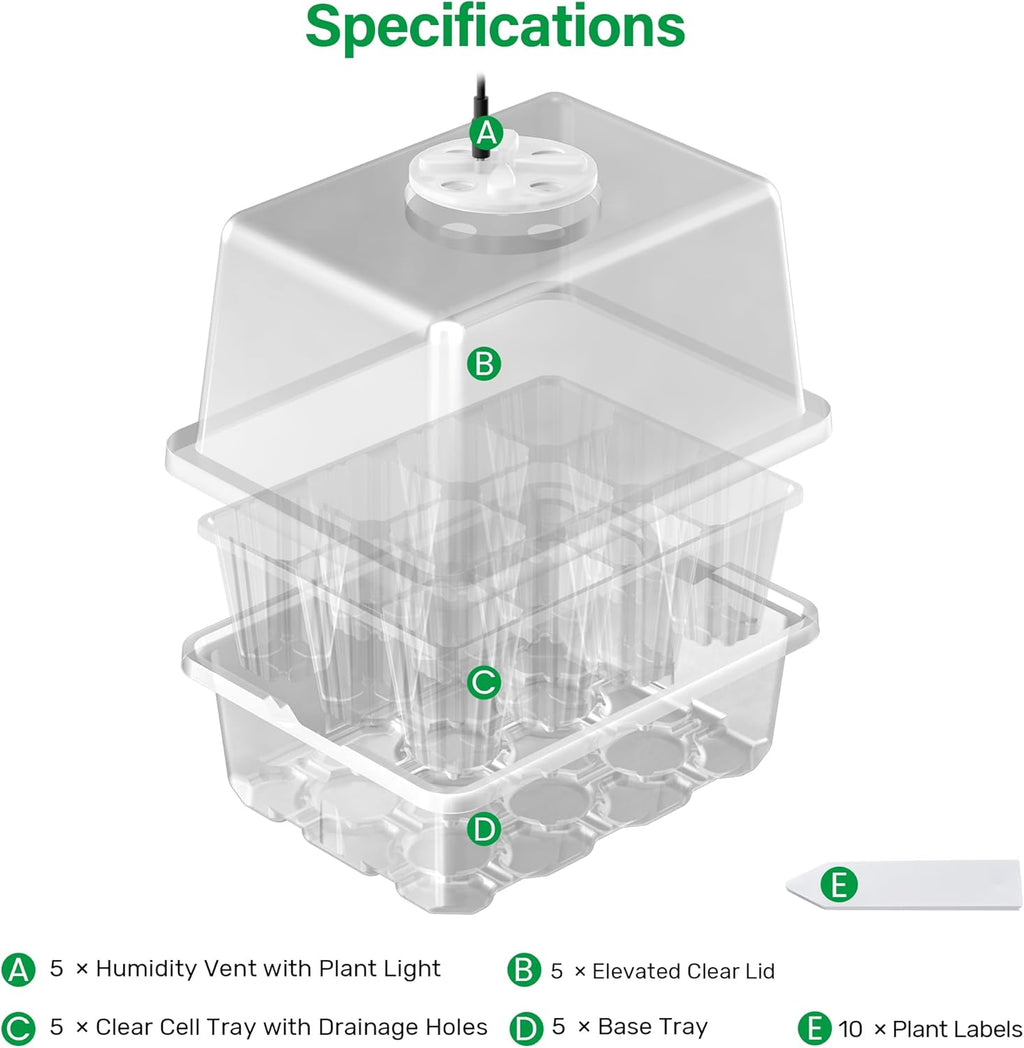 Seed Starter Trays with 12-LED Grow Lights, Clear, 5 Pack | 5 clear-base seedling kits, 60 cells, 12-LED grow light per tray, vented humidity domes, drainage holes, 1-to-5 USB cable