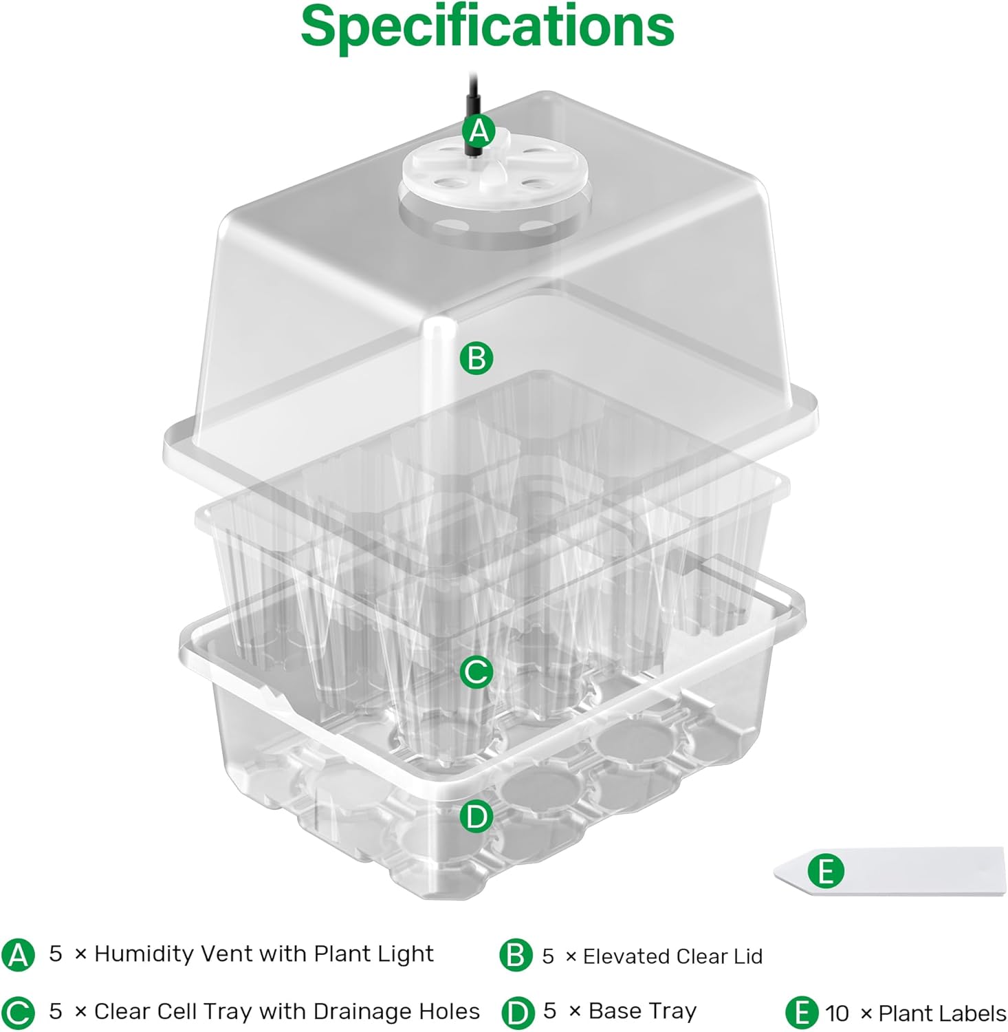 Seed Starter Trays with 12-LED Grow Lights, Clear, 5 Pack | 5 clear-base seedling kits, 60 cells, 12-LED grow light per tray, vented humidity domes, drainage holes, 1-to-5 USB cable