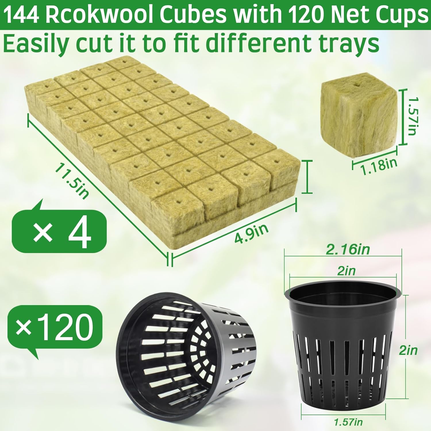 Halatool 144PCS 1.2" Rockwool Cubes & 120PCS 2" Net Cups for Hydroponics | Rockwool Garden Starter Plugs, Hydroponics Kit for Cuttings, Clone Plant, Propagation, Seed Starting & Soilless Cultivation