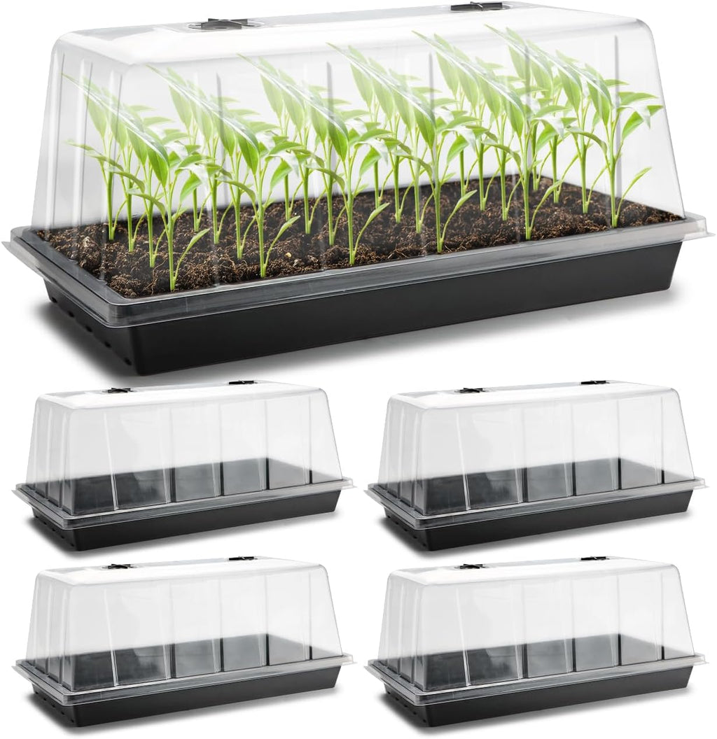 1020 Seed Starting Trays with Tall 7.3" Humidity Dome, No Hole, 5-Pack | Heavy Duty Plant Tray with High Lid for Taller Seedlings, Large Seed Growing Kit, Mini Greenhouse for Indoor Seed Germination