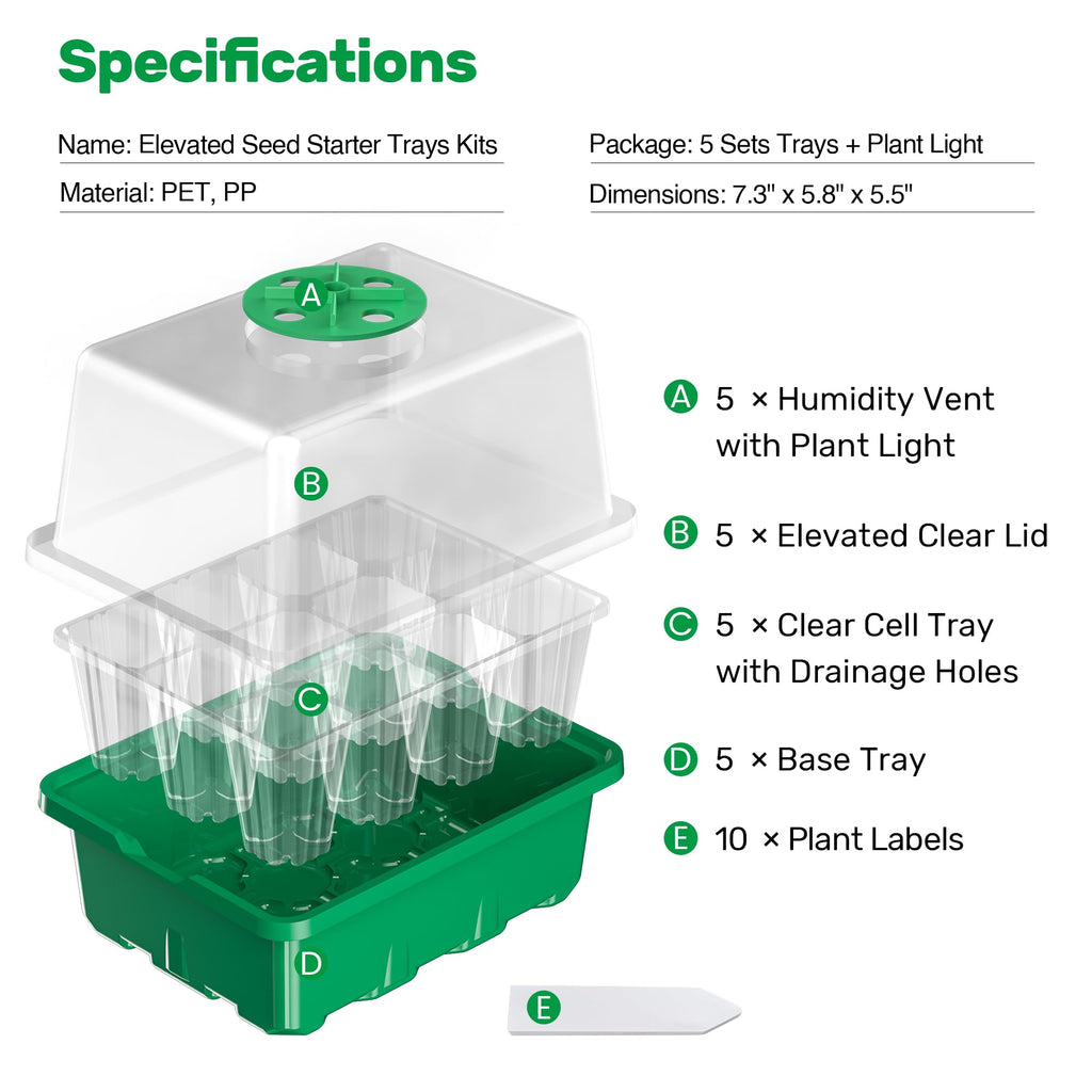 10-Pack Seed Starter Trays, Tall Dome, Base, 12-Cell Tray, Clear | 10 Seedling Kits with Tall Domes for Large Seed Starting. Adjustable Vents, Clear Trays & Heat Mat Compatibility, Indoor Use