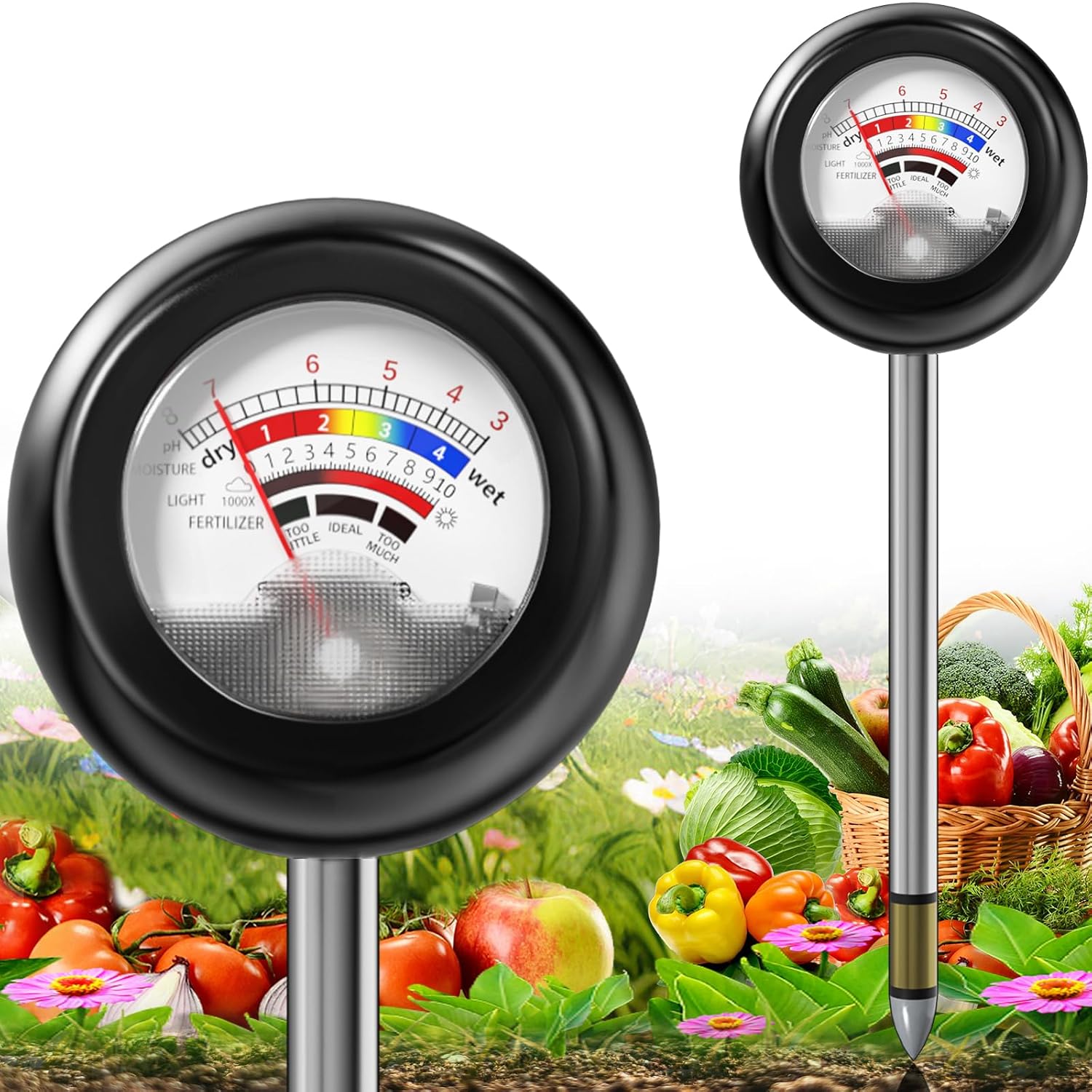 Vitamicor Probador de suelo 4 en 1, medidor de humedad de plantas sin batería con PH/humedad/prueba de luz/fertilizante, medidor de pH del suelo para jardín, césped, plantas en maceta, granja (rotación de 90°)