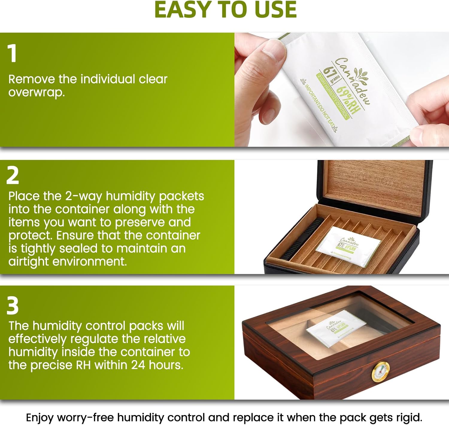 62% RH, 8g (15 Pack) Cannadew Humidity Packs Two-Way Humidity Control Pack - Moisture Absorbers & Hydration Packets for Curing and Storage
