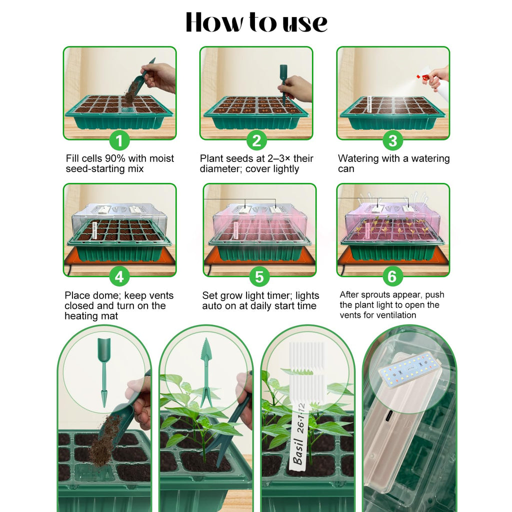 Seed Starter Tray with Grow Light (2x 24-LED), 2 Pack for Seed Starting | Seed Starter Kit with Humidity Domes and Timing Controller, Adjustable Brightness, Reusable Thicken Seedling Starter