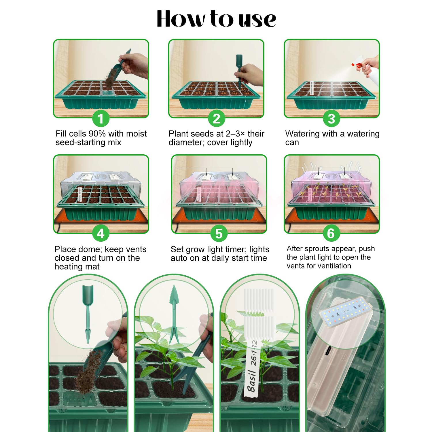 Seed Starter Tray with Grow Light (2x 24-LED), 2 Pack for Seed Starting | Seed Starter Kit with Humidity Domes and Timing Controller, Adjustable Brightness, Reusable Thicken Seedling Starter