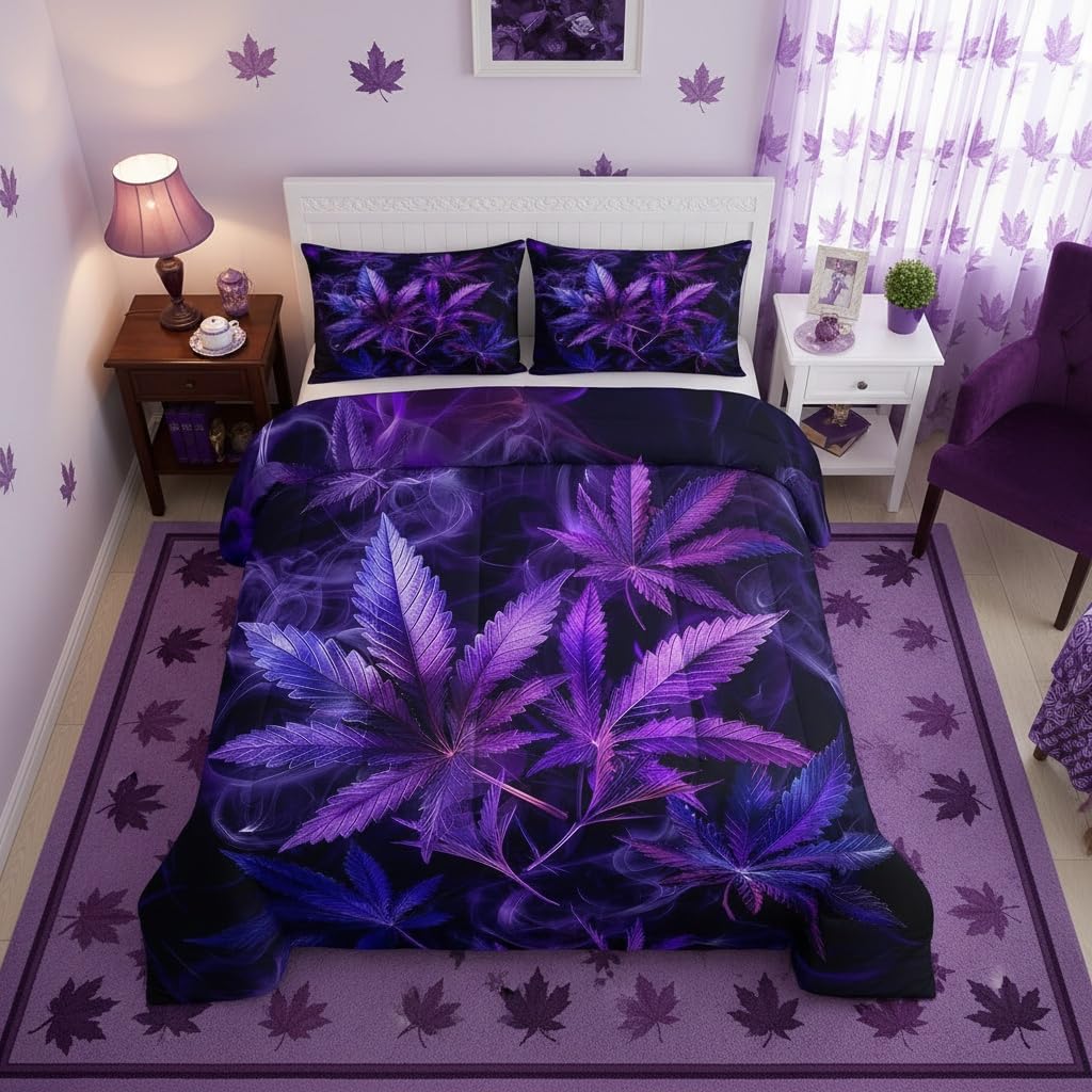 Cannabis Leaf Comforter Set Queen Size 3 Pcs,Marijuana Leaf Weed Psychedelic Bedding Set,Neon Green Leaves Botanical Trippy Quilt Set for Young Adults,2 Pillowcases