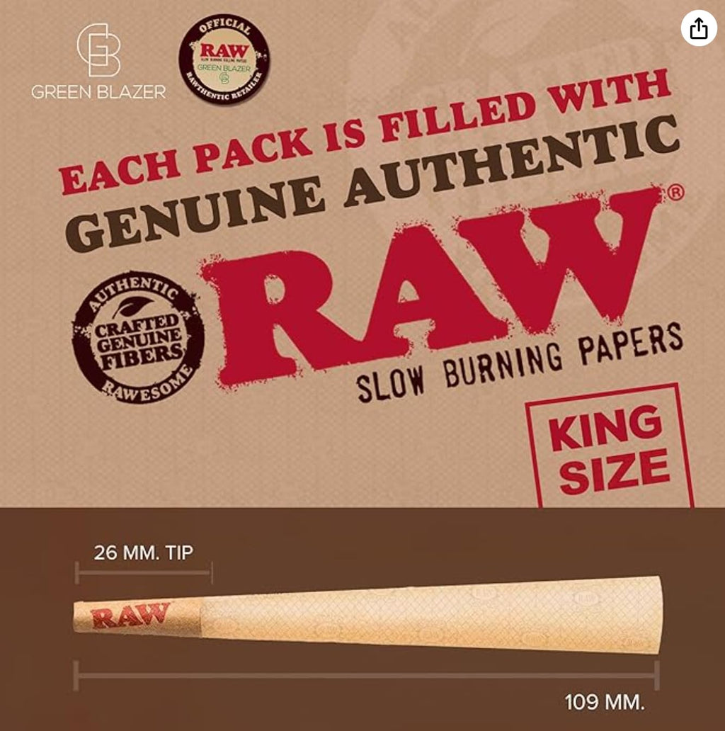 RAW Cones Classic King: 50 Pack, Pre Rolled Cones Rolling Papers, 109 mm | Food Grade Container, Green Blazer Preroll Loader, Patented Slow Burn, All Natural RAWthentic, Rolling Papers & With Tips