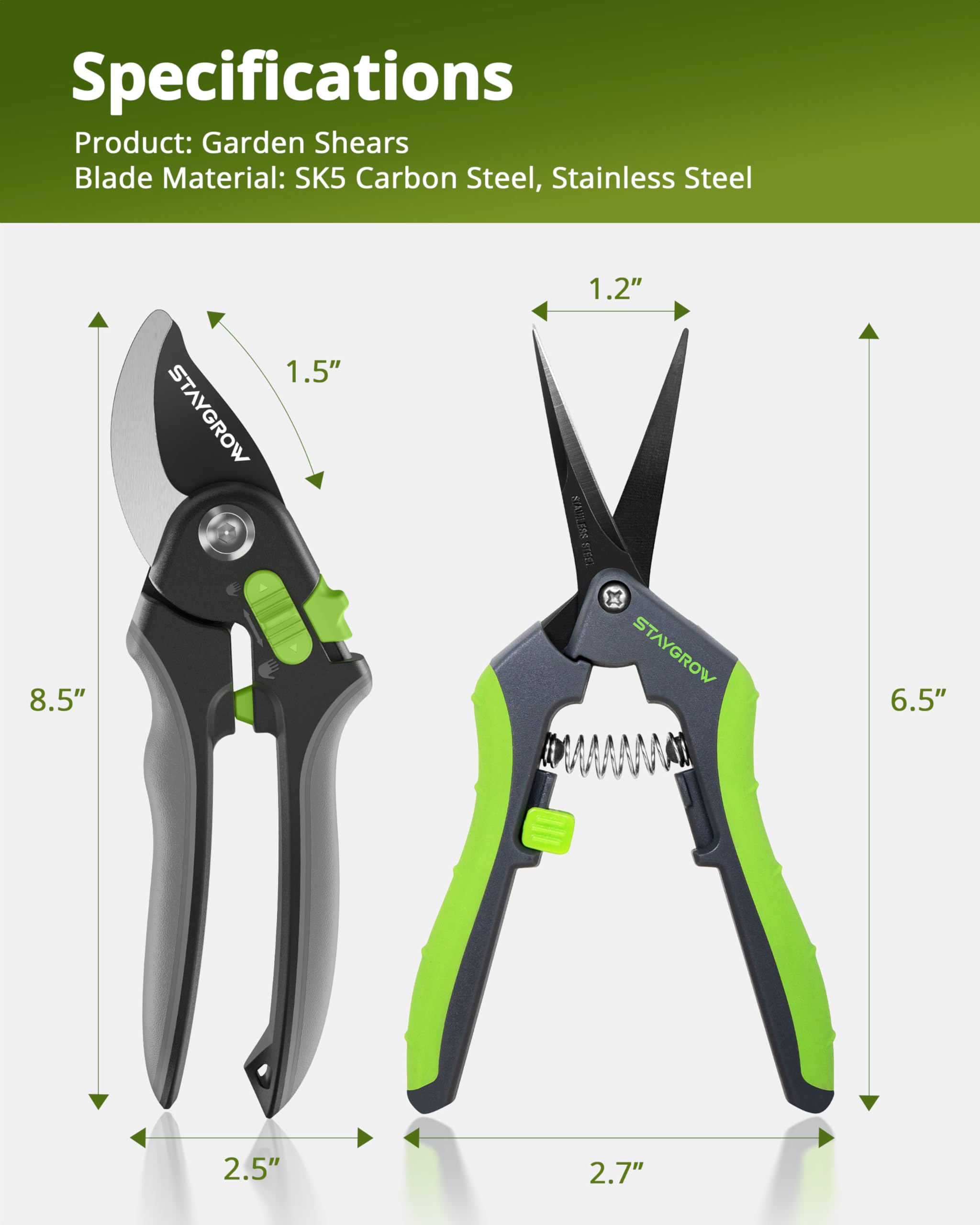 2pcs 6.5" Pruning Shears for Gardening Ultra Sharp Garden Scissors | Plant Snips for Precise Cuts, Stainless Steel Bonsai Clippers with Spring Loaded, Garden Shears (1pc Straight & 1pc Curved)