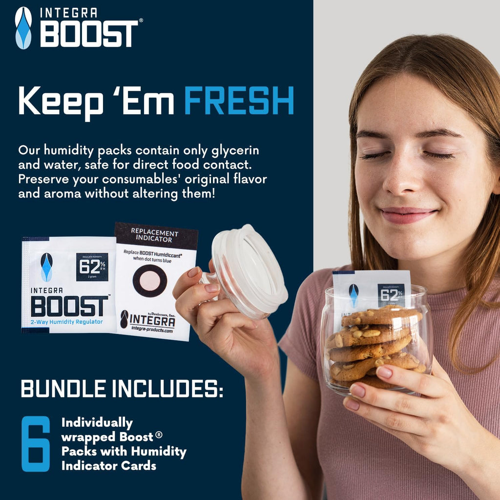 Integra Boost 62% RH 2-Way Humidity Control Pack, 2g, Pack of 6 | Two way Moisture Absorber for Herbs, Spices & Food Storage, Preserves Flavor, Includes Humidity Indicator Cards